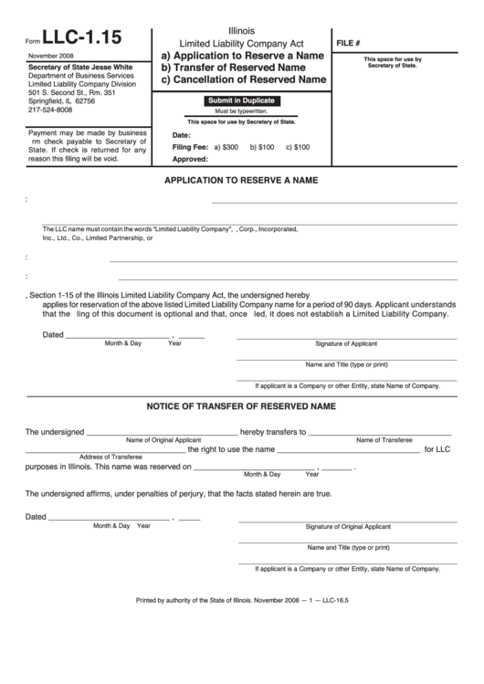 Fillable Form Llc-1.15 - Application To Reserve A Name / Transfer Of Reserved Name/ Cancellation Of Reserved Name Printable pdf