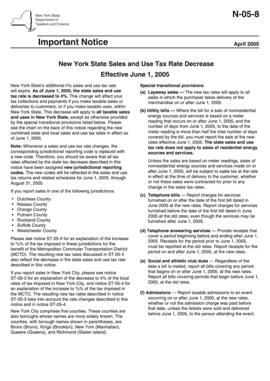 Form N-05-8 - New York State Sales And Use Tax Rate Decrease - New York State Department Of Taxtation And Finance Printable pdf