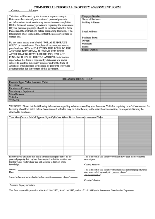 Commercial Personal Property Assessment Form Arkansas Printable pdf