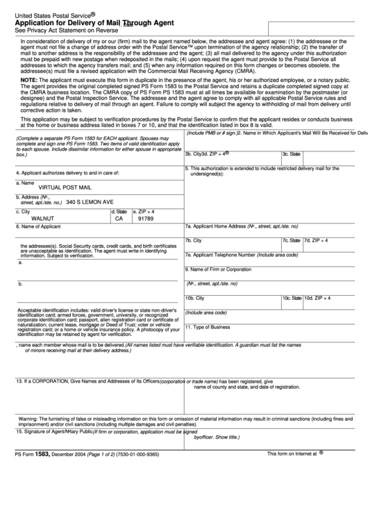 Fillable Ps Form 1583 - Application For Delivery Of Mail Through Agent - Usps Printable pdf