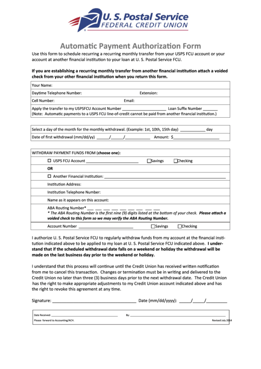 Fillable Automatic Payment Authorization Form Usps printable pdf download
