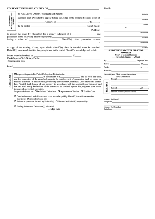 Summons To Recover Personal Property - Tennessee Printable pdf