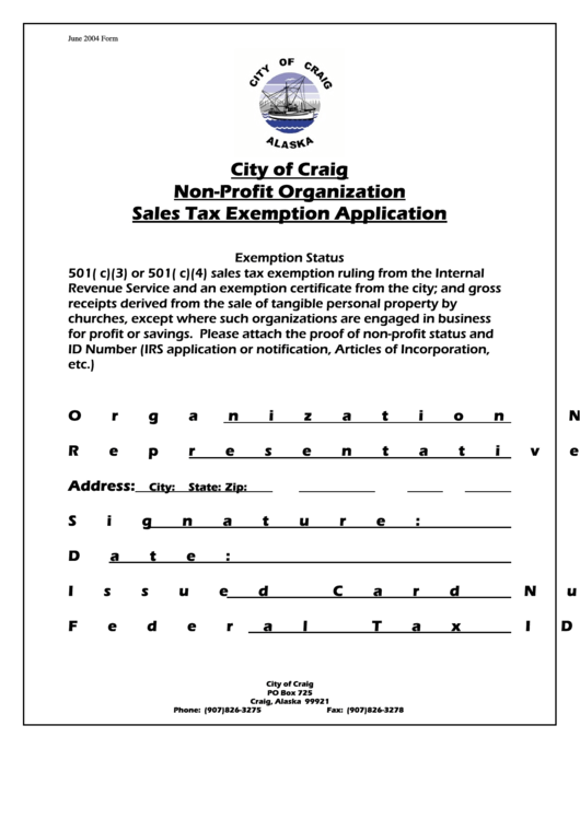Non-Profit Organization Sales Tax Exemption Application - 2004 Printable pdf