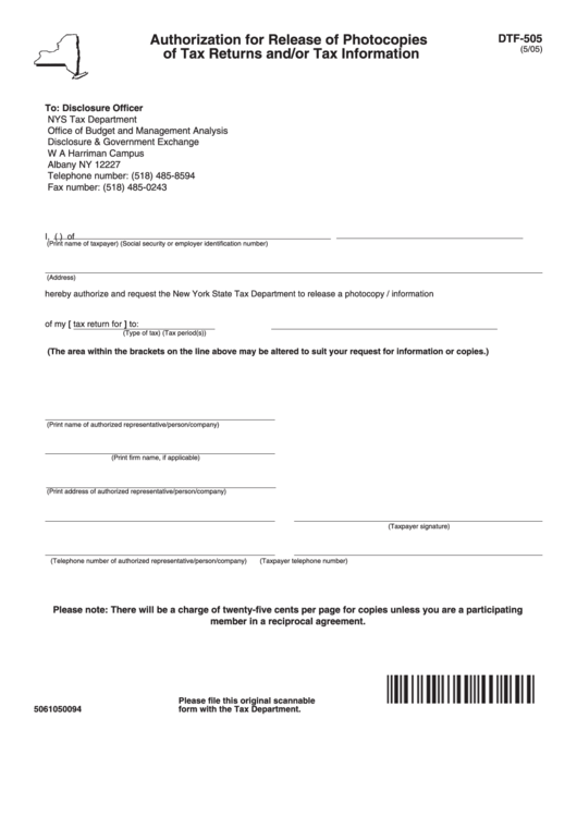 Fillable Form Dtf-505 - Authorization For Release Of Photocopies Of Tax Returns And/or Tax Information - Nys Tax Department Printable pdf