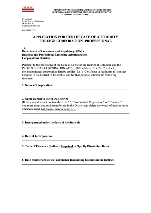 Application For Certificate Of Authority Foreign Corporation - Professional Printable pdf