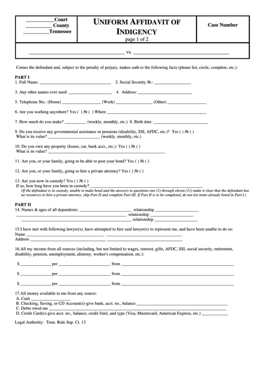 Uniform Affidavit Of Indigency Form - Tennessee Printable pdf