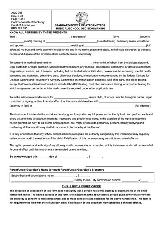 Fillable Standard Power Of Attorney For Medical/school Decision Making Form - Commonwealth Of Kentucky Printable pdf
