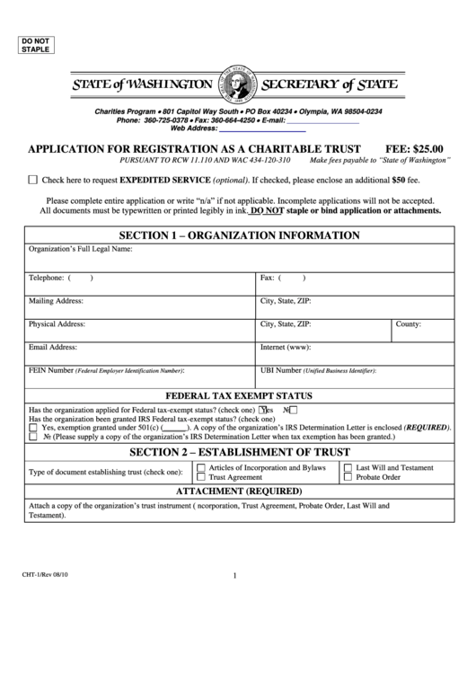 Fillable Form Cht-1 - Application For Registration As A Charitable Trust Printable pdf