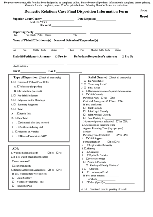 Fillable Domestic Relations Case Final Disposition Information Form