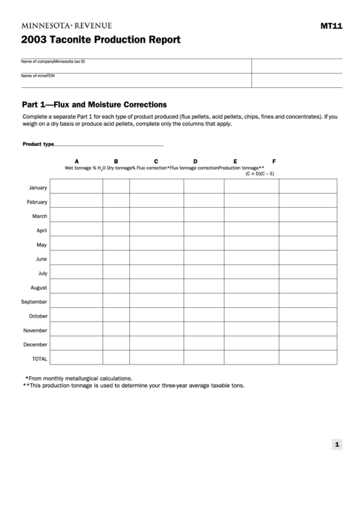 Form Mt11 - 2003 Taconite Production Report - Minnesota Department Of Revenue Printable pdf