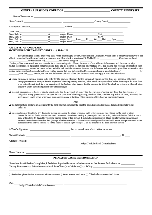 Affidavit Of Complaint Form - Tennessee Printable pdf
