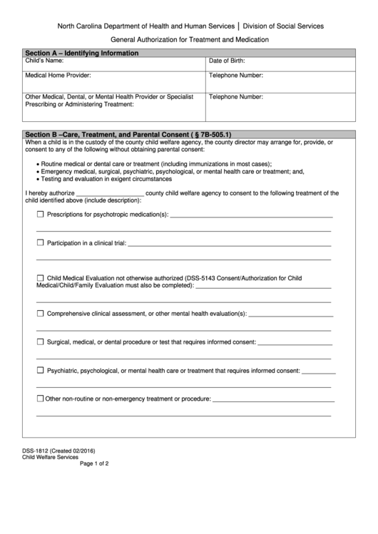 Fillable Form Dss-1812 - General Authorization For Treatment And Medication - North Carolina Department Of Health And Human Services Printable pdf