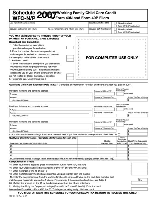Fillable Form 150-101-170 - Schedule Wfc-N/p - Oregon Working Family Child Care Credit For Form 40n And Form 40p Filers - 2007 Printable pdf