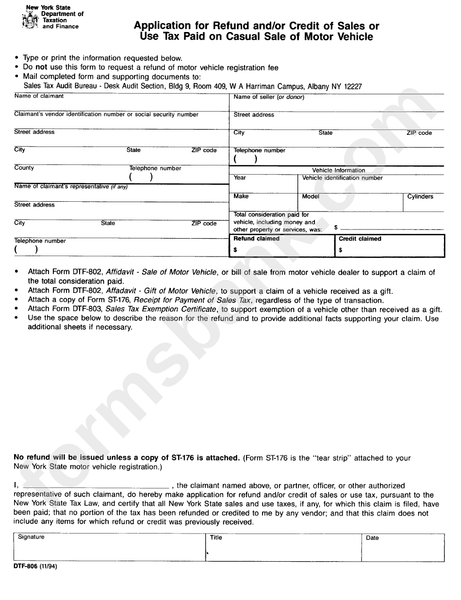 Form Dtf-806 - Application For Refund And/or Credit Of Sales Or Use Tax Paid On Casual Sale Of Motor Vehicle - New York State Department Of Taxtation