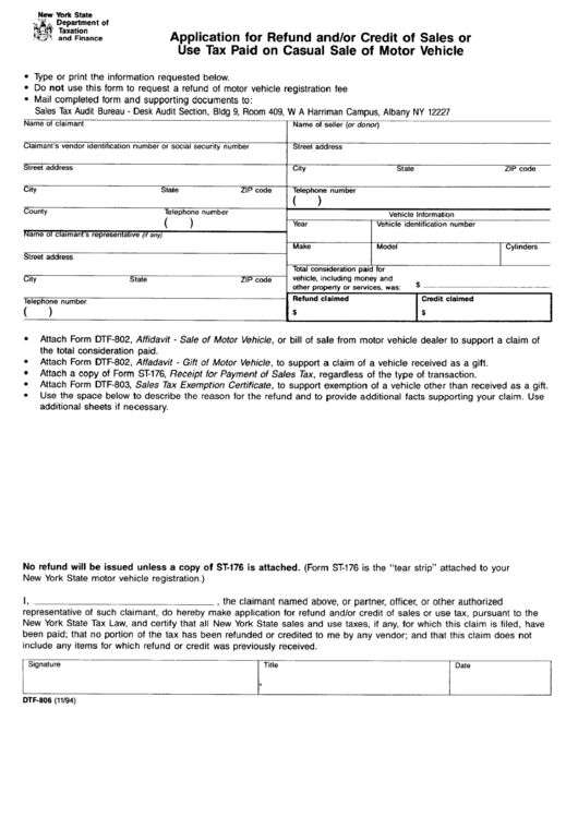 Fillable Form Dtf-806 - Application For Refund And/or Credit Of Sales Or Use Tax Paid On Casual Sale Of Motor Vehicle - New York State Department Of Taxtation Printable pdf