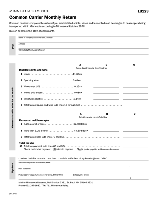 Fillable Form Lb123 - Common Carrier Monthly Return Printable pdf