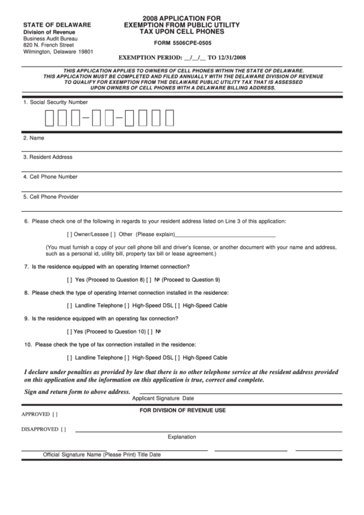 Fillable Form 5506cpe-0505 - Application For Exemption From Public Utility Tax Upon Cell Phones - 2008 Printable pdf