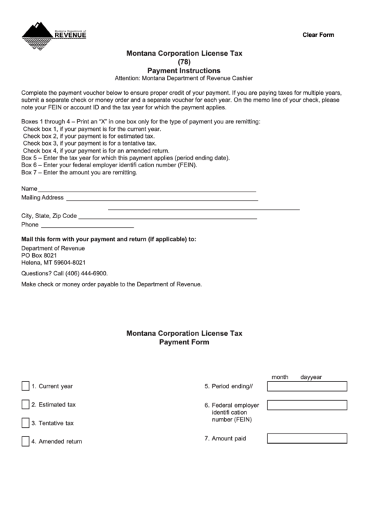 Fillable Montana Corporation License Tax Payment Form - Montana Departmrnt Of Revenue Printable pdf