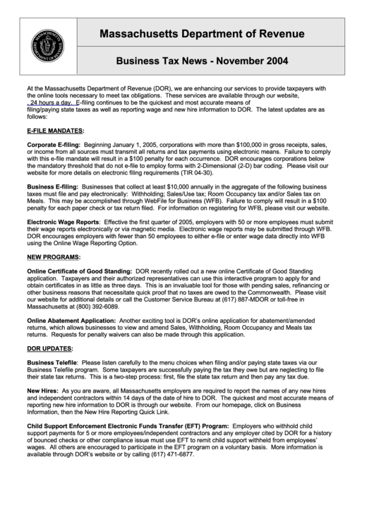 Business Tax News Sheet - November 2004 - Massachusetts Department Of Revenue Printable pdf