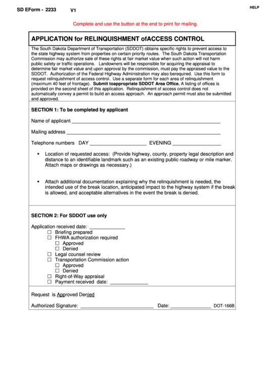 Fillable Sd Eform 2233 - Application For Relinquishment Of Access Control - Department Of Transportation Printable pdf