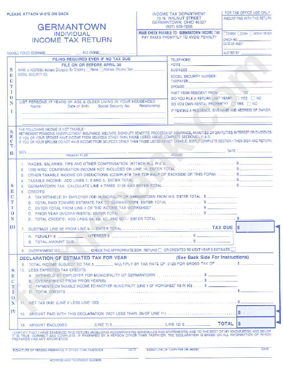 Fillable Individual Tax Return Form City Of Germantown