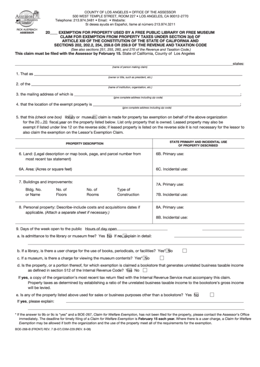 Fillable Form Boe-268-B - Exemption For Property Used By A Free Public Library Or Free Museum Claim For Exemption From Property Taxes Printable pdf
