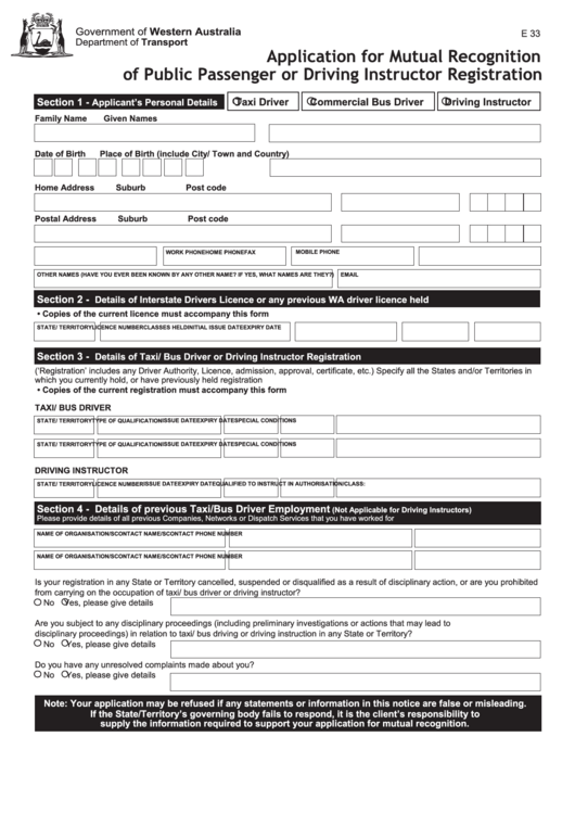 Application For Mutual Recognition Of Public Passenger Or Driving Instructor Registration Form - Western Australia Department Of Transport Printable pdf