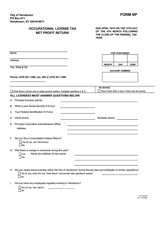 Form Np - Occupational License Tax Net Profit Return Kentucky Printable pdf
