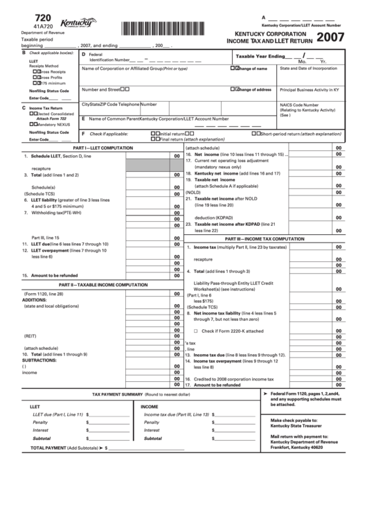 Form 720 - Income Tax And Llet Return - 2007 Printable pdf