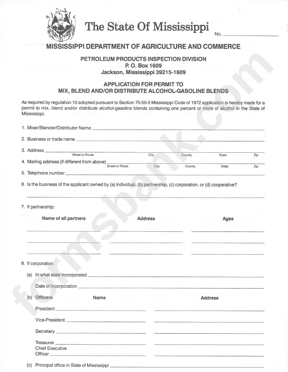 Application For Permit To Mix, Blend And/or Distributealcohol-Gasoline Blends Form - Mississippi Department Of Agriculture And Commerce