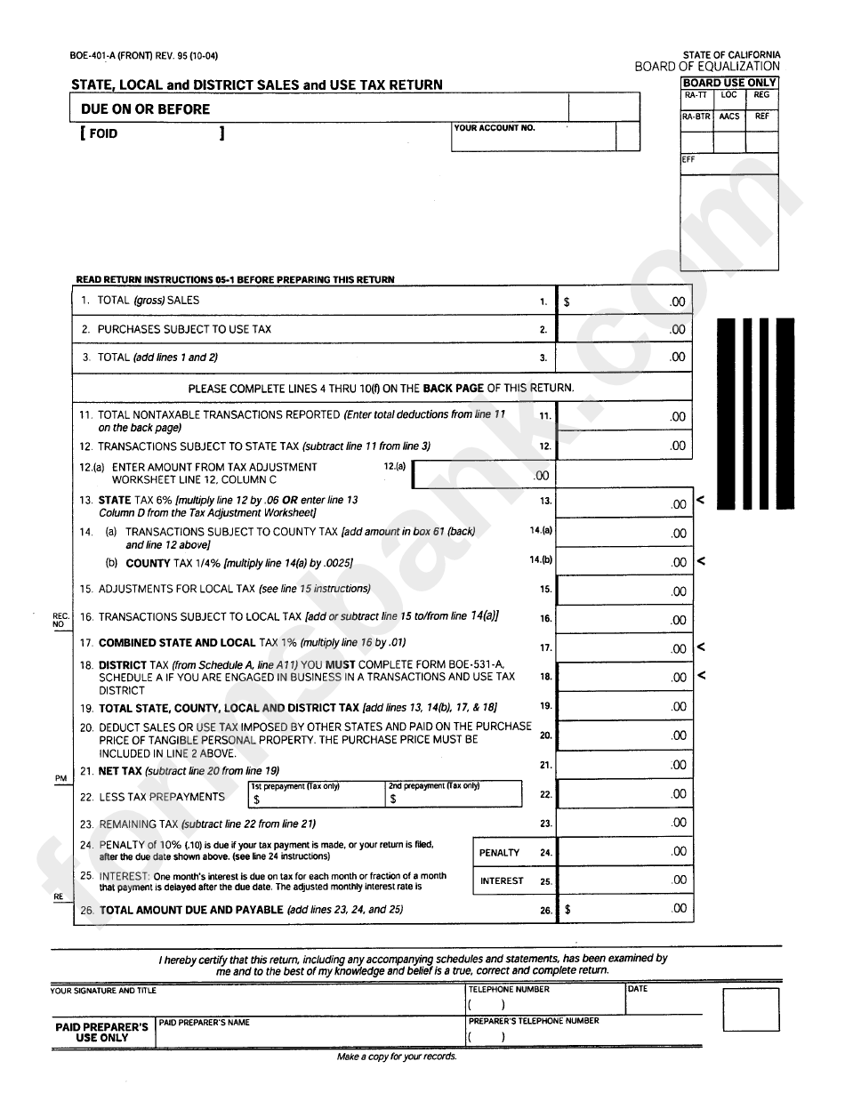 Form Boe-401-A - State, Local And District Sales And Use Tax Return