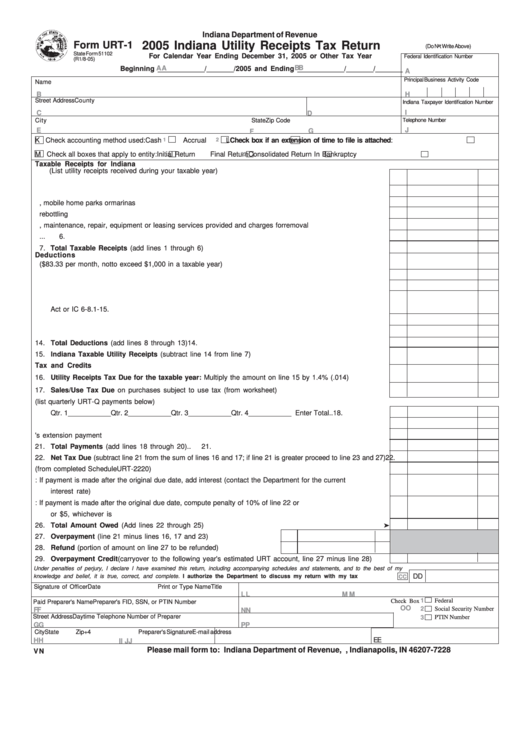 Form Urt-1 - Indiana Utility Receipts Tax Return - 2005 Printable pdf
