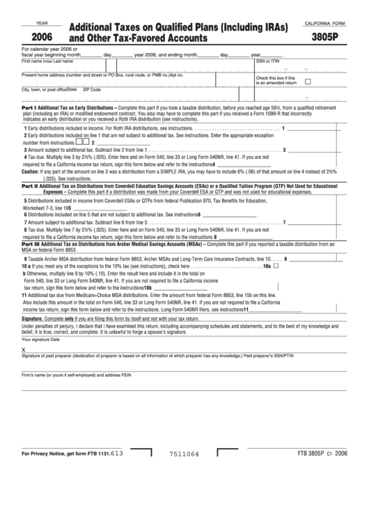 California Form 3805p - Additional Taxes On Qualified Plans (Including Iras) And Other Tax-Favored Accounts - 2006 Printable pdf