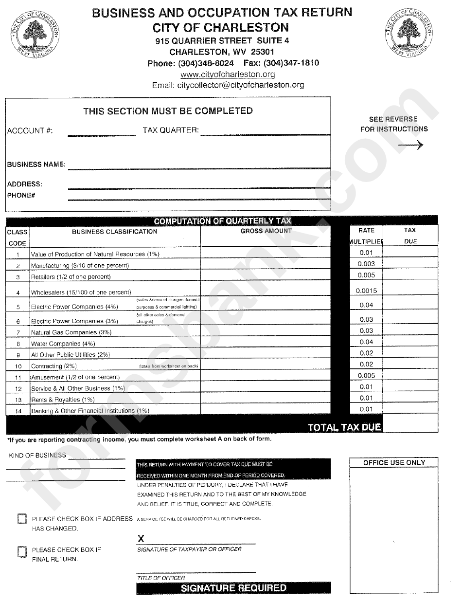 Business And Occupation Tax Return Form - City Of Charleston