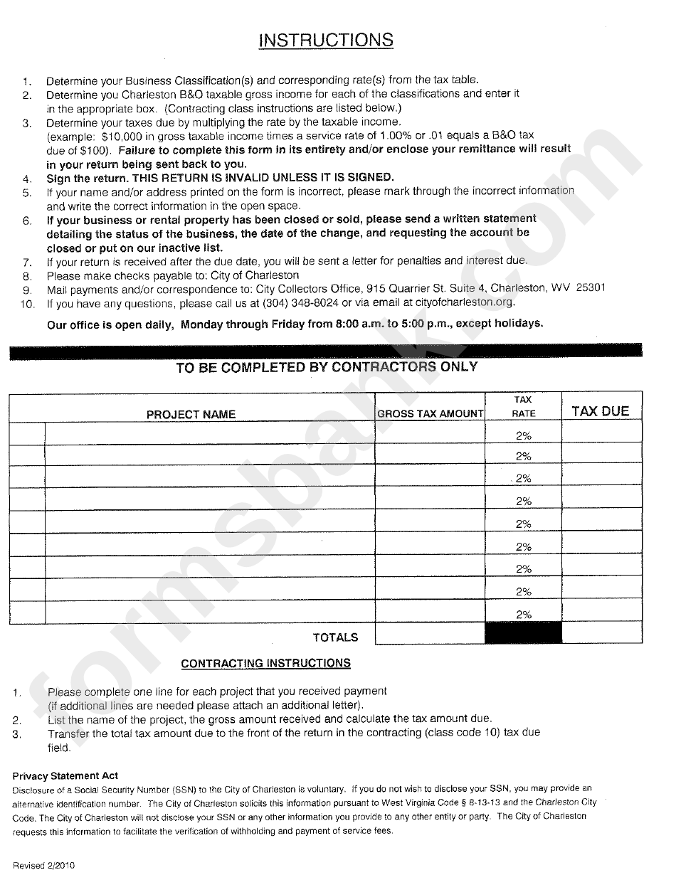Business And Occupation Tax Return Form - City Of Charleston