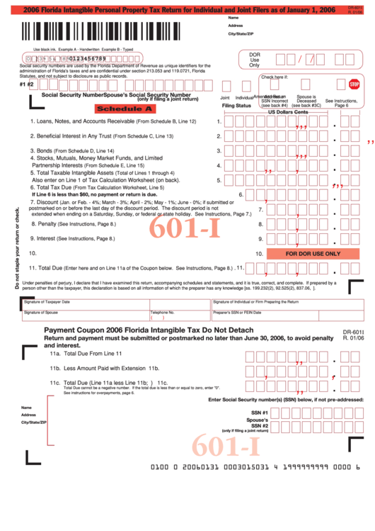 Form Dr-601i - Florida Intangible Personal Property Tax Return For Individual And Joint Filers - 2006 Printable pdf