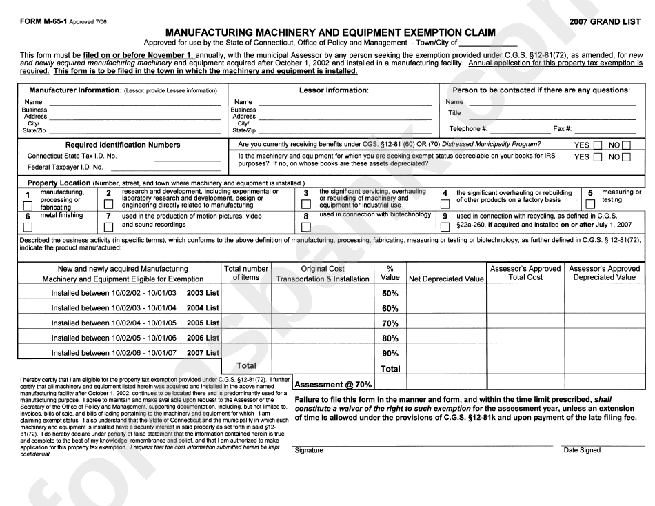 Form M-65-1 - Manufacturing Machinery And Equipment Exemption Claim - Connecticut