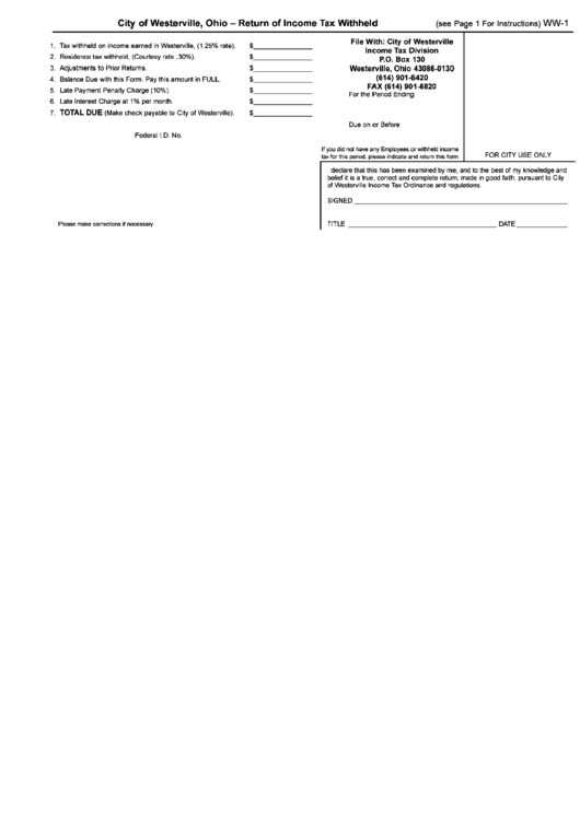 Fillable Form Ww-1 - Return Of Income Tax Withheld Printable pdf