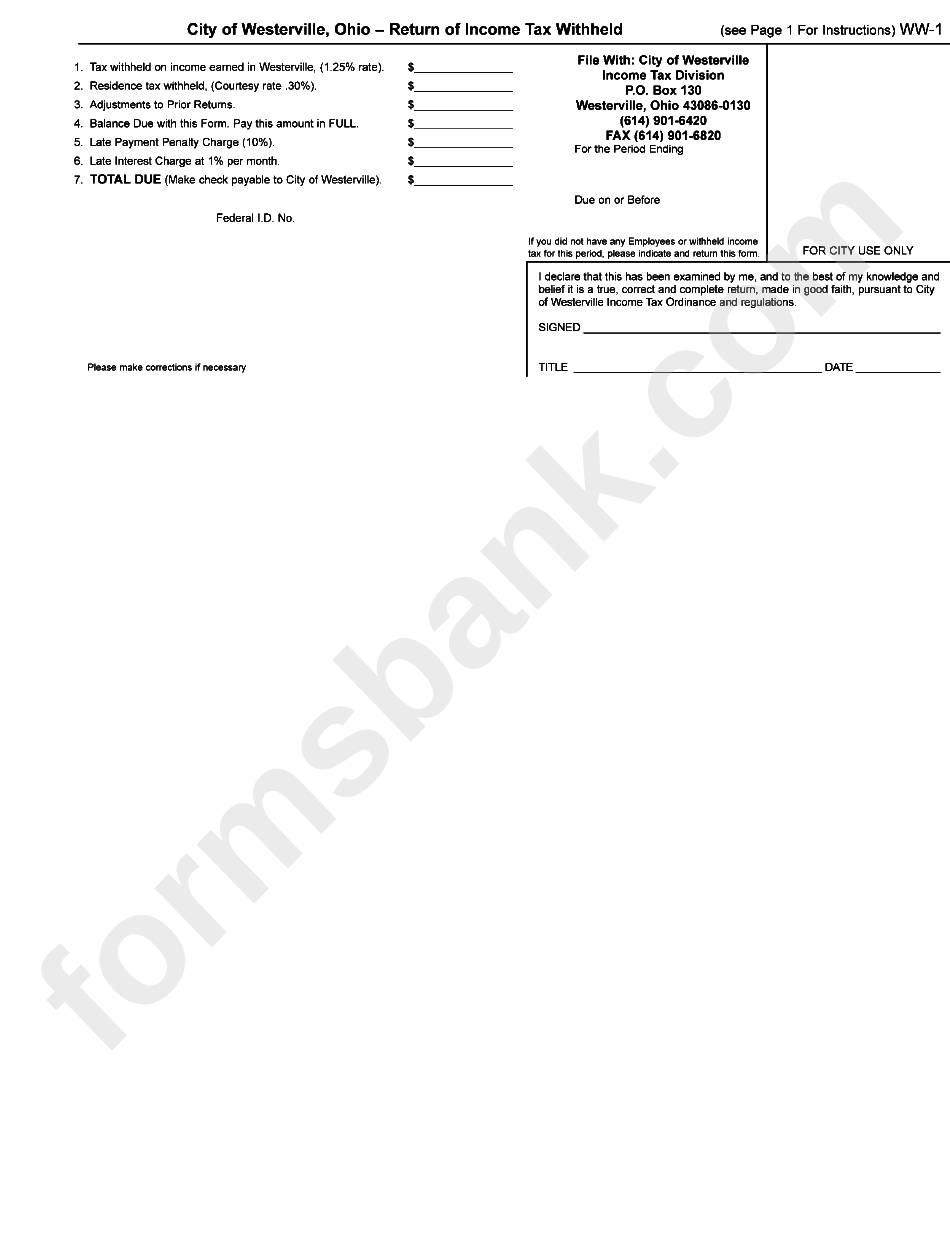 Form Ww-1 - Return Of Income Tax Withheld