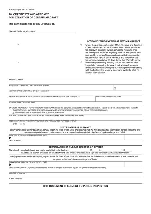 Fillable Form Boe-260-A - Certificate And Affidavit For Exemption Of Certain Aircraft Printable pdf
