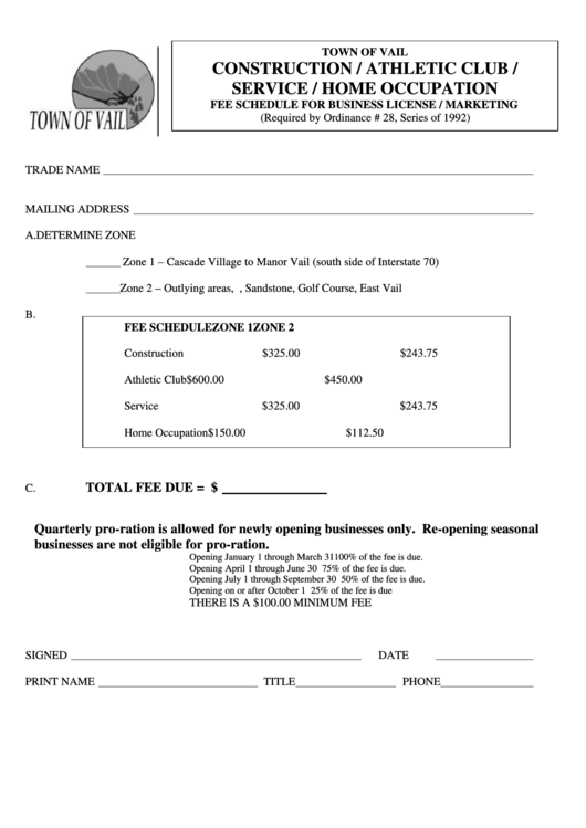 Construction / Athletic Club / Service / Home Occupation Form - Town Of Vail, Colorado Printable pdf