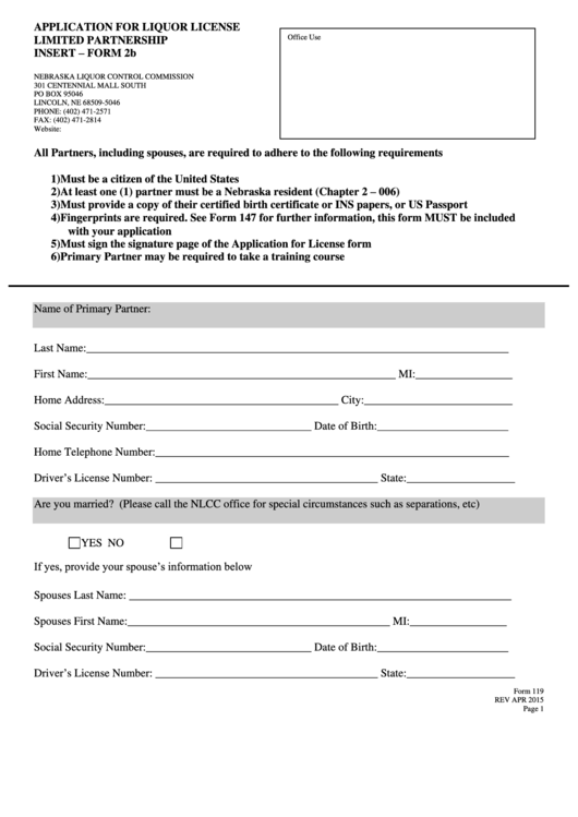 Fillable Form 119 - Application For Liquor License Limited Partnership Insert - Form 2b - 2015 Printable pdf