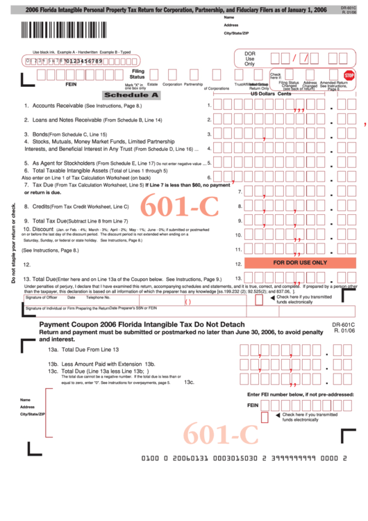 Form Dr-601c - Florida Intangible Personal Property Tax Return For Corporation, Partnership, And Fiduciary Filers - 2006 Printable pdf