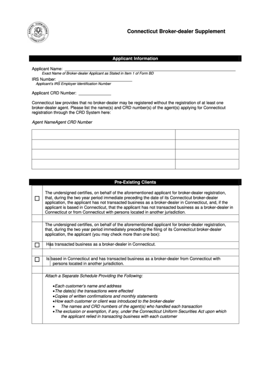 Fillable Connecticut Broker-Dealer Supplement Form - Banking Comission - Connecticut Printable pdf