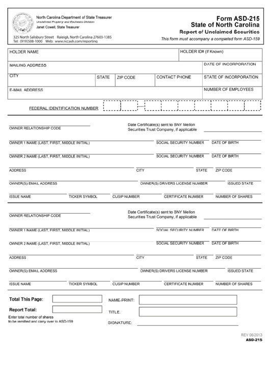 Form Asd-215 - Report Of Unclaimed Securities - North Carolina Department Of State Treasurer Printable pdf