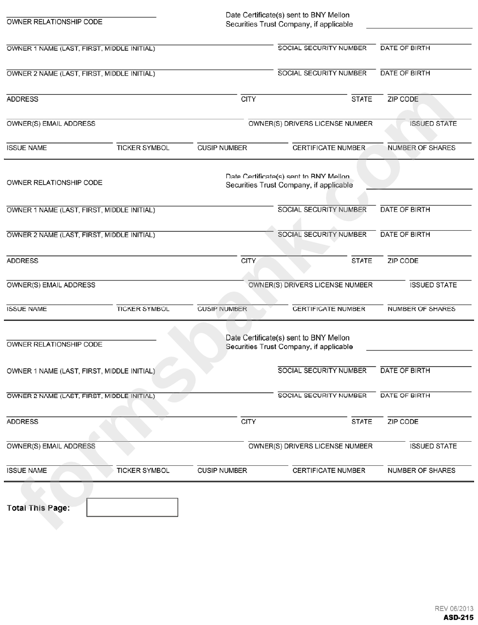 Form Asd-215 - Report Of Unclaimed Securities - North Carolina Department Of State Treasurer