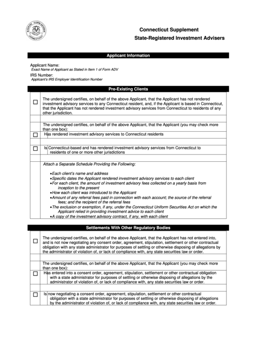 Fillable Connecticut Supplement State-Registered Investment Advisers Application Form Printable pdf