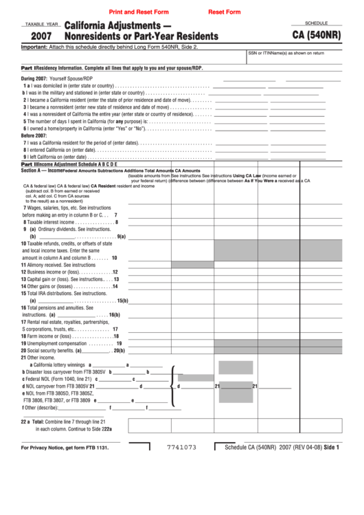 Fillable Schedule Ca (540nr) - California Adjustments - Nonresidents Or Part-Year Residents - 2007 Printable pdf