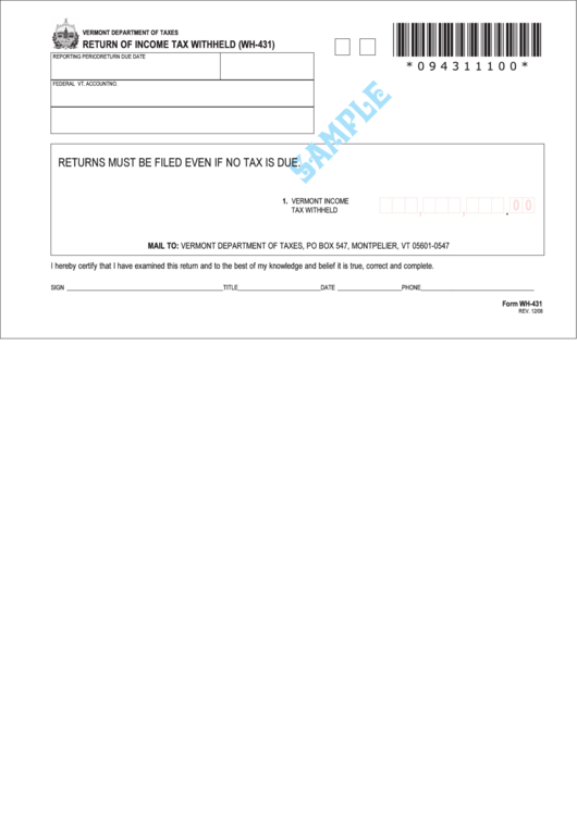 Form Wh-431 - Return Of Income Tax Withheld Printable pdf