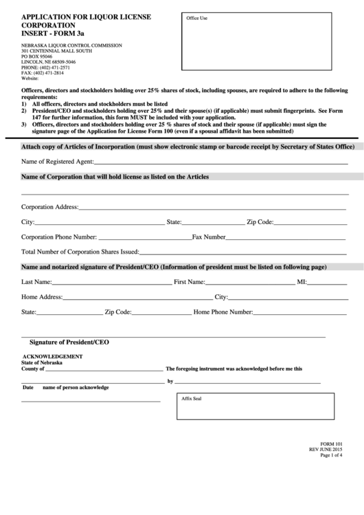 Fillable Form 101 - Application For Liquor License Corporation Insert - Form 3a - 2015 Printable pdf